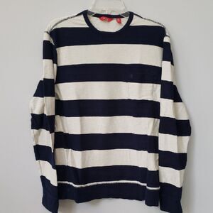 Izod Shirt Mens M Rugby Stripe Navy Tan Knit Crew Neck Preppy Sporty College